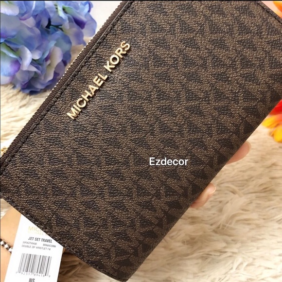 NWT Michael Kors Jet Set Double Zip Wristlet Brown - Picture 2 of 8